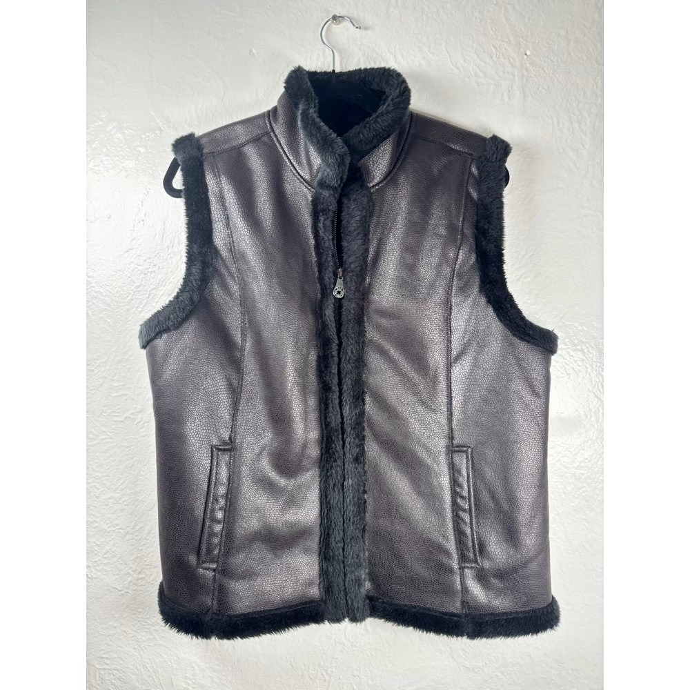 Jaclyn‎ Smith Faux Leather Fur Lined Vest VTG Sz L Black Crackle Snake Goth Moto